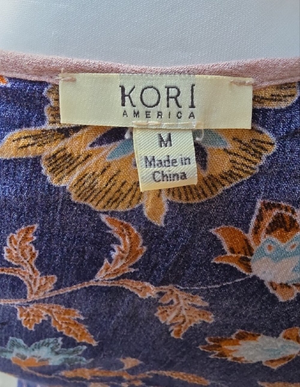 Kori America Blue Floral Rayon Blouse Lace Cuff Long Sleeve Medium - Picture 7 of 8